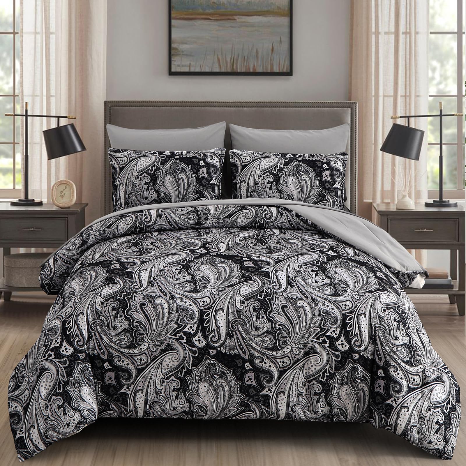Djy Black Paisley Comforter Set King Size, 7 Piece Bed In A Bag Black Gray Boho Paisley Pattern Comforter Set, Soft Lightweight